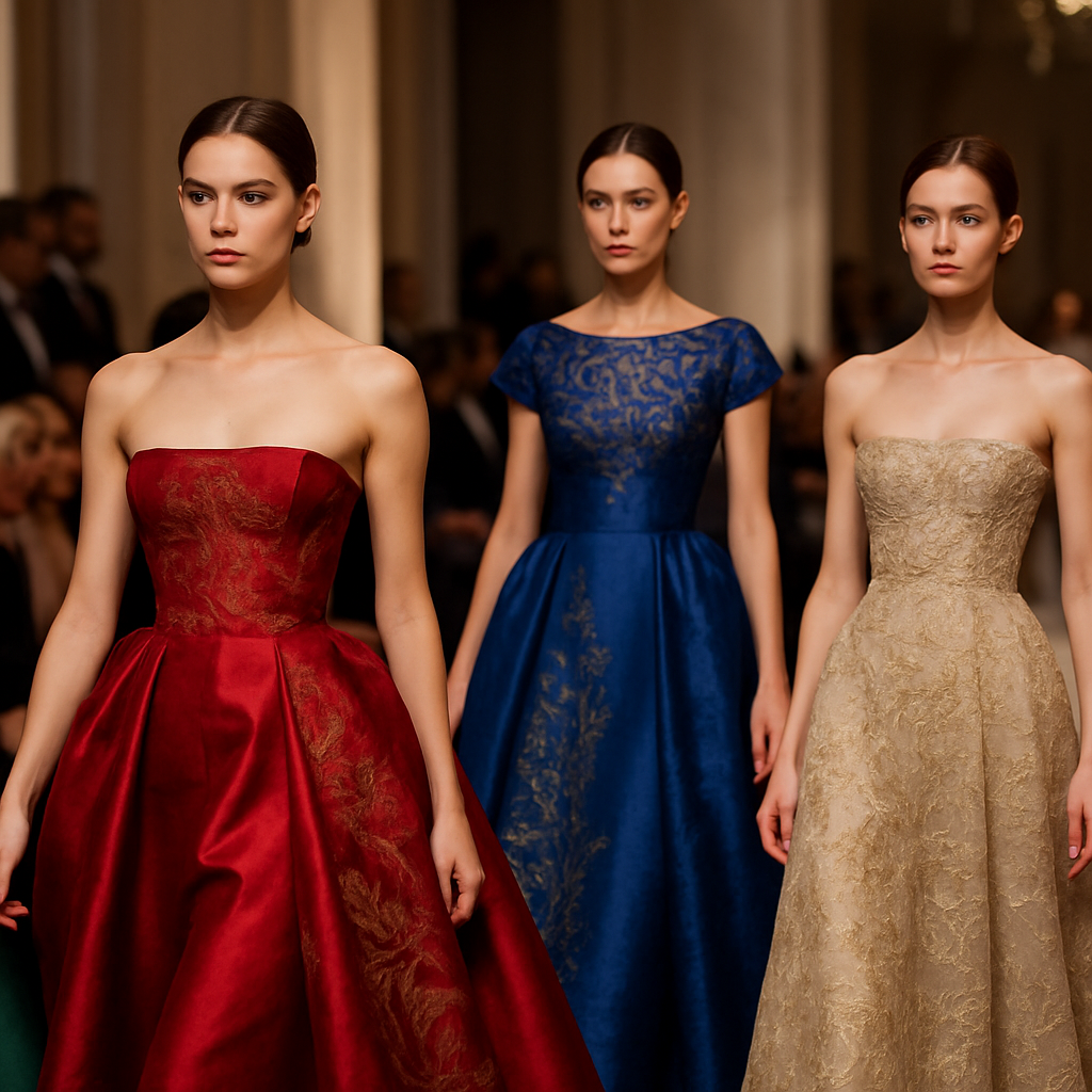 Runway model showcasing couture fashion with structured silhouettes and intricate embroidery