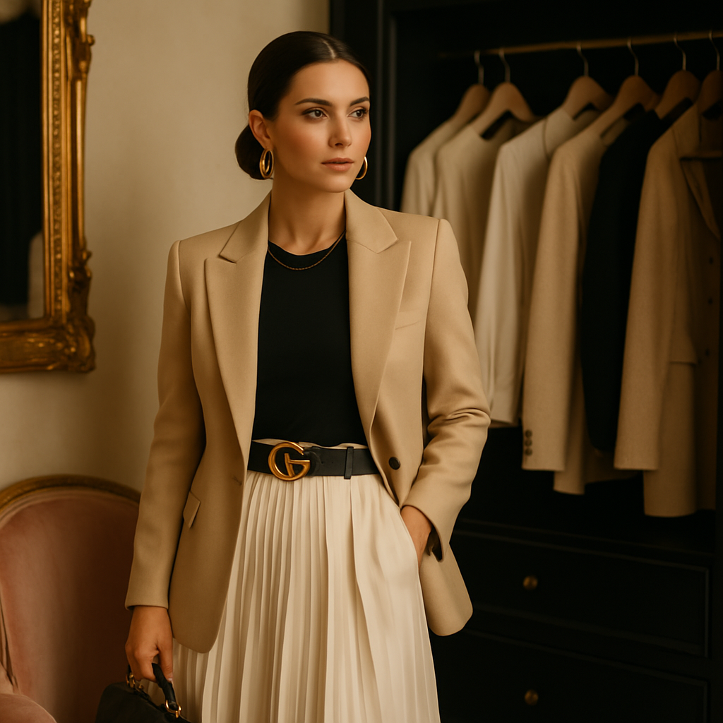 Fashion palette combining beige, black, gold, and blush pink accessories and clothing